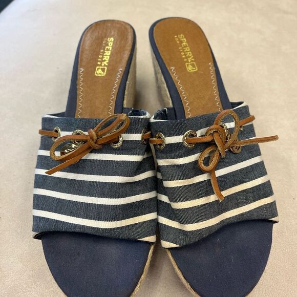 Sperry Nautical Stripe Espadrille Wedge Slip On Slides sz 8.5 EUC - Picture 3 of 7